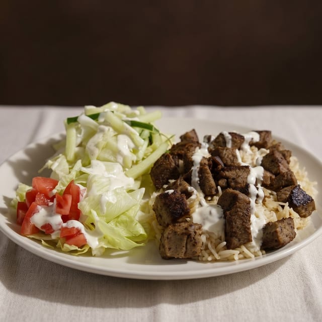 Beef Gyro Kebab Over Rice & Salad Plate.